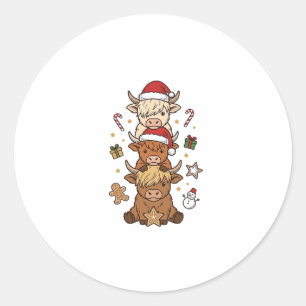 Christmas Highland Cow Stack Vintage Engraving Des Classic Round Sticker