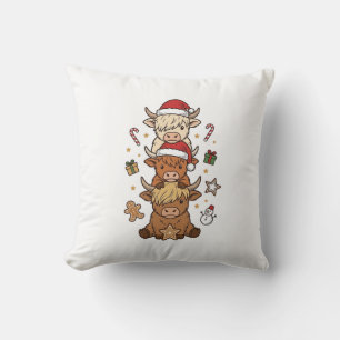 Christmas Highland Cow Stack Vintage Engraving Des Cushion