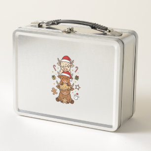 Christmas Highland Cow Stack Vintage Engraving Des Metal Lunch Box