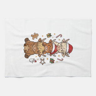 Christmas Highland Cow Stack Vintage Engraving Des Tea Towel