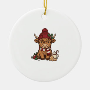 Christmas Highland Cow Vintage Engraving Design_1 Ceramic Ornament