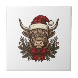 Christmas Highland Cow Vintage Engraving Design_1 Ceramic Tile