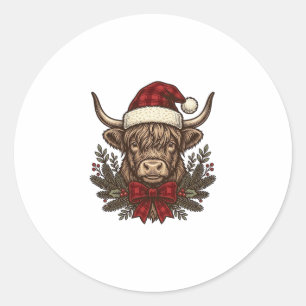 Christmas Highland Cow Vintage Engraving Design_1 Classic Round Sticker