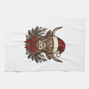 Christmas Highland Cow Vintage Engraving Design_1 Tea Towel