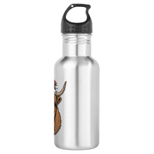 Christmas Highland Cow Vintage Engraving Santa Hat 532 Ml Water Bottle