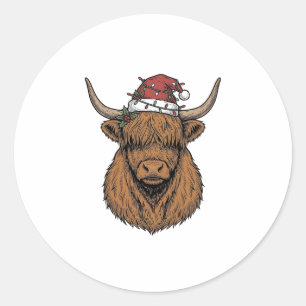 Christmas Highland Cow Vintage Engraving Santa Hat Classic Round Sticker