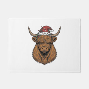 Christmas Highland Cow Vintage Engraving Santa Hat Doormat