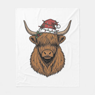 Christmas Highland Cow Vintage Engraving Santa Hat Fleece Blanket