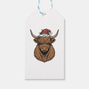 Christmas Highland Cow Vintage Engraving Santa Hat Gift Tags