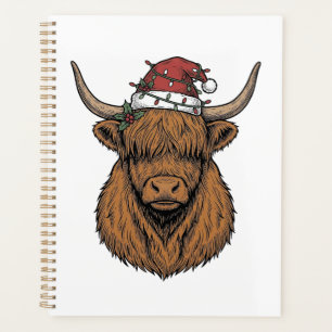 Christmas Highland Cow Vintage Engraving Santa Hat Planner
