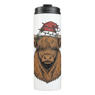 Christmas Highland Cow Vintage Engraving Santa Hat Thermal Tumbler
