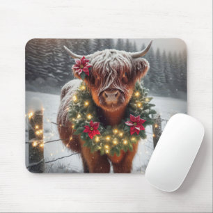 Christmas Highland Cow Wearing a Wreath Mouse Pad