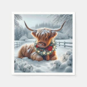 Christmas Highland Cow Wearing a Wreath Napkin