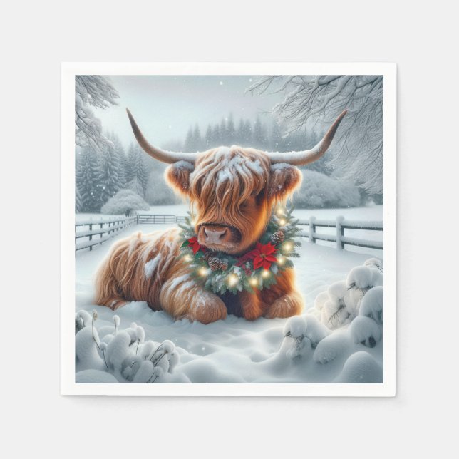 Christmas Highland Cow Wearing a Wreath Napkin (Front)