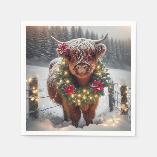 Christmas Highland Cow Wearing a Wreath Napkin (Front)