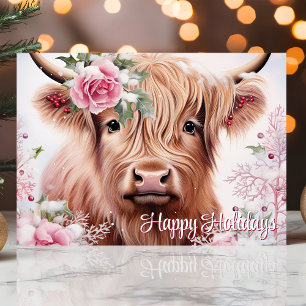 Christmas Highland Cow with Roses Happy Holidays Holiday Card