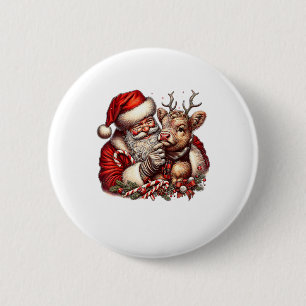 Christmas Highland Cow With Santa Scottish Vintage 6 Cm Round Badge