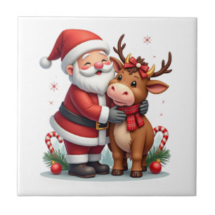 Christmas Highland Cow With Santa Scottish Vintage Ceramic Tile