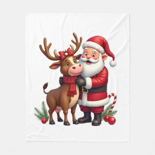 Christmas Highland Cow With Santa Scottish Vintage Fleece Blanket