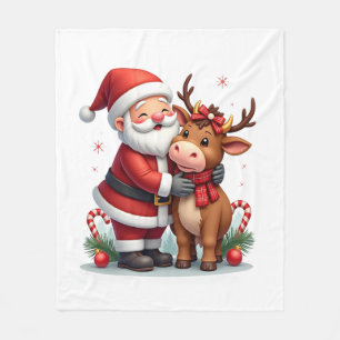 Christmas Highland Cow With Santa Scottish Vintage Fleece Blanket