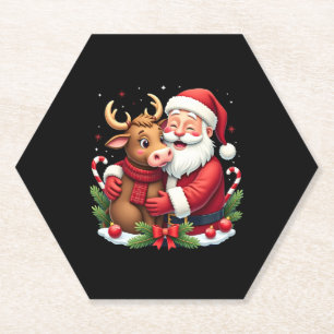 Christmas Highland Cow With Santa Scottish Vintage Paper Coaster