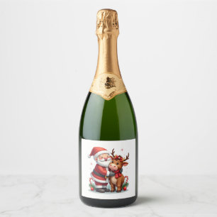 Christmas Highland Cow With Santa Scottish Vintage Sparkling Wine Label