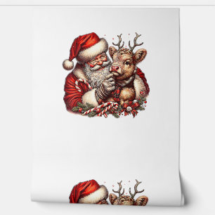 Christmas Highland Cow With Santa Scottish Vintage Wallpaper