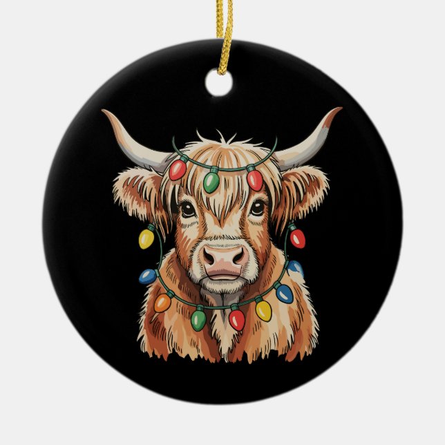 Christmas Highland Cow Xmas Lights Farm Holiday Ceramic Ornament (Front)