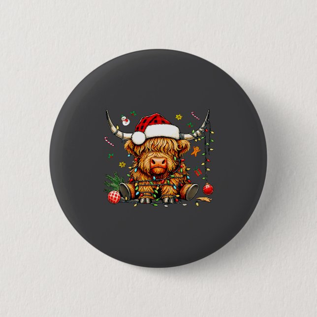 Christmas Highland Cow Xmas Santa Hat Wooly Farm A 6 Cm Round Badge (Front)