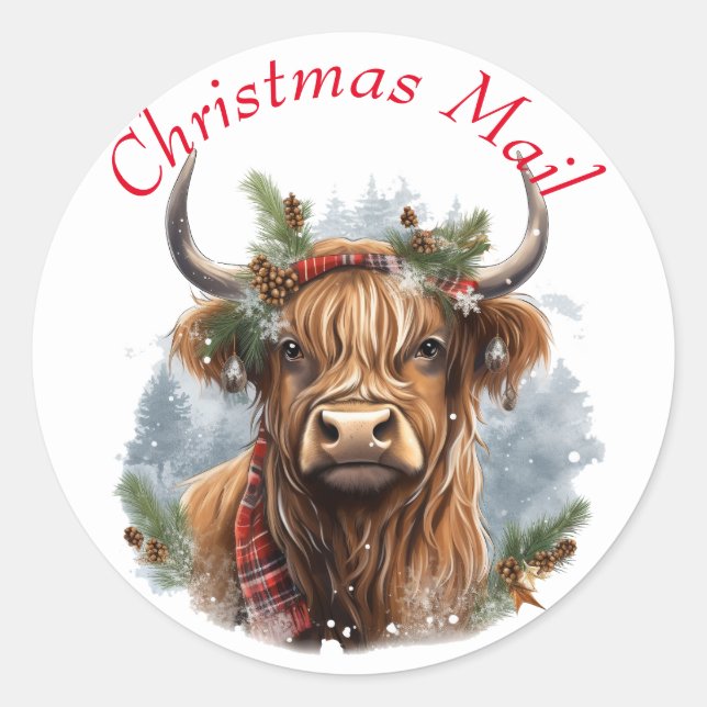 Christmas Highlander Cow Cute  Classic Round Sticker (Front)