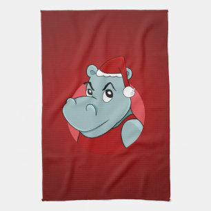 Christmas hippo cartoon tea towel
