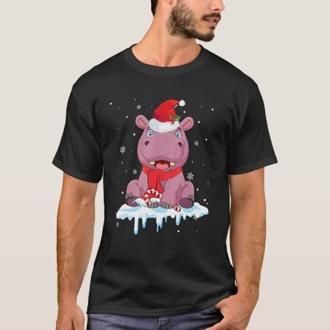 Christmas Hippo Santa Hat snow Xmas Pajama   Girl T-Shirt (Front)