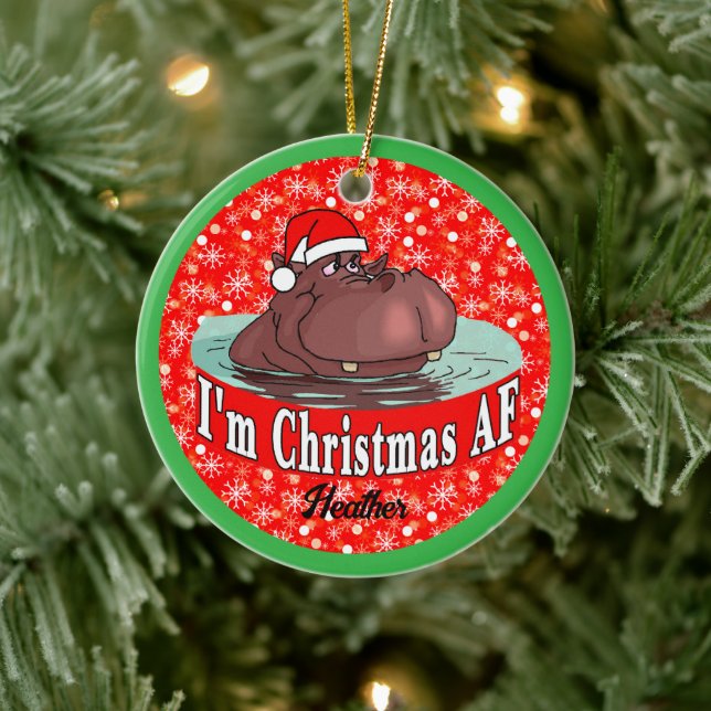 Christmas Hippopotamus in Santa Hat - Christmas AF Ceramic Ornament (Tree)