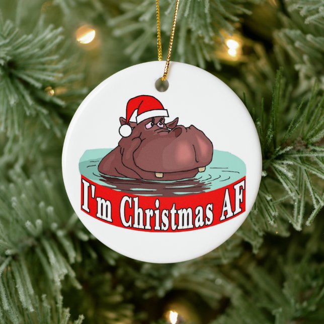 Christmas Hippopotamus in Santa Hat - Christmas AF Ceramic Ornament (Tree)