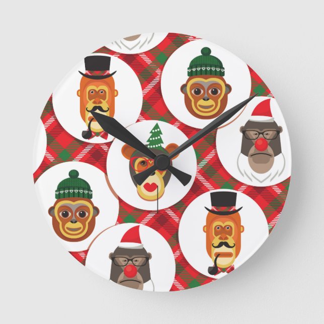 christmas hipster monkeys round clock (Front)