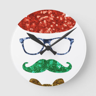 christmas hipster moustache round clock