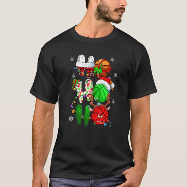 Christmas Ho Ho Ho Basketball  Santa Reindeer Elf  T-Shirt (Front)