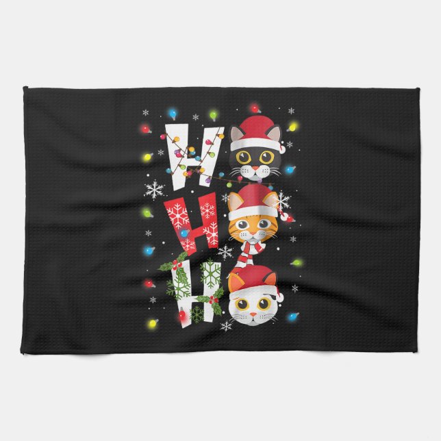 Christmas Ho Ho Ho Cat Lovers Lights Pajamas Funny Tea Towel (Horizontal)