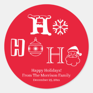 Christmas Ho Ho Ho red custom family name date Classic Round Sticker