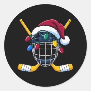 Christmas Hockey Helmet Santa Hat Lights Sticks Classic Round Sticker