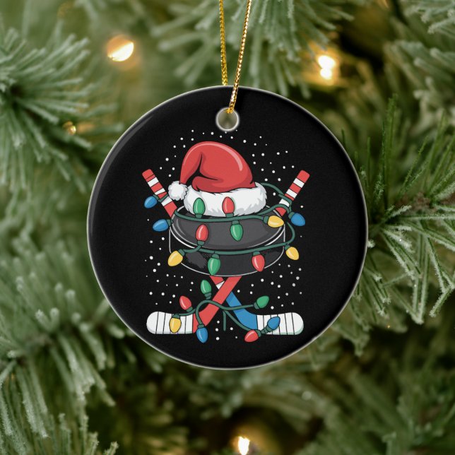 Christmas Hockey Xmas Santa Sports Hat Ball  Ceramic Ornament (Tree)