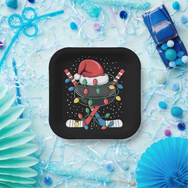 Christmas Hockey Xmas Santa Sports Hat Ball  Paper Plate (Party)