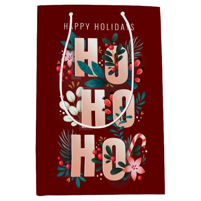 Christmas HoHoHo Holly Branches Candy Cane Medium Gift Bag (Front)