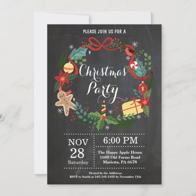 Christmas Holiady Party Invitation Floral Wreath (Front)