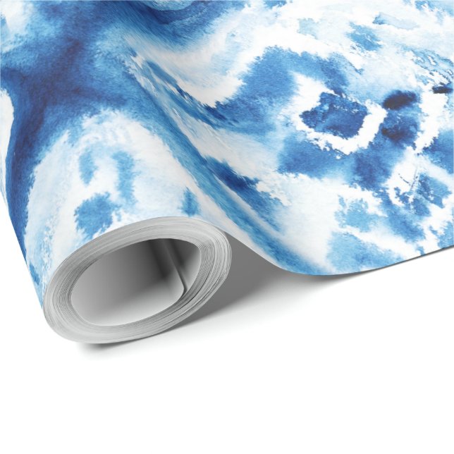Christmas Holiday Abstract Tie Dye Pattern Blue Wrapping Paper (Roll Corner)