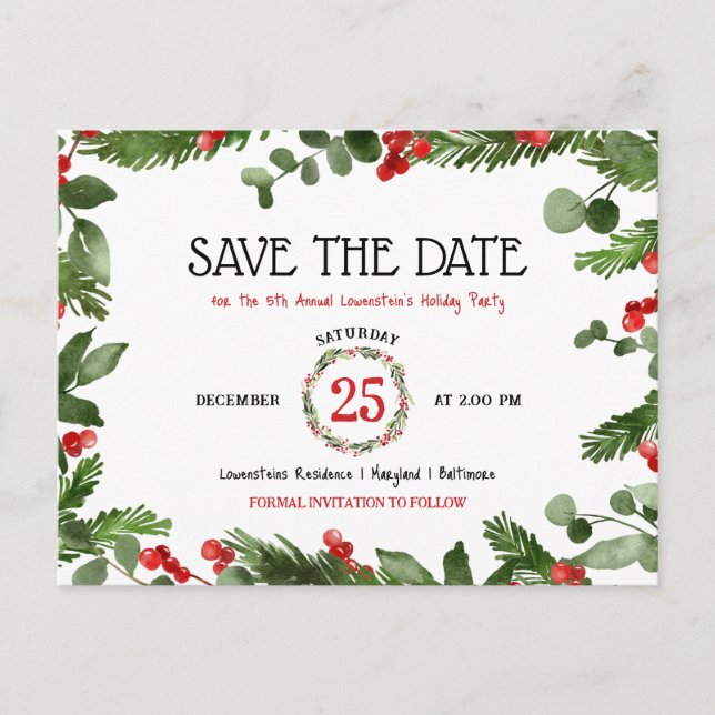 Christmas Holiday Annual Party Save The Date Announcement Postcard (Front)