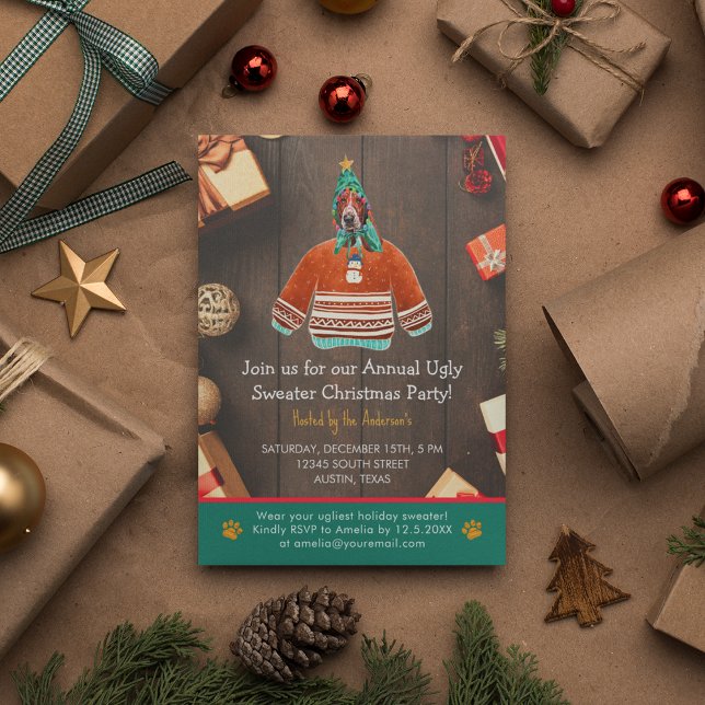 Christmas Holiday Basset Hound Ugly Sweater Party Invitation (Front)