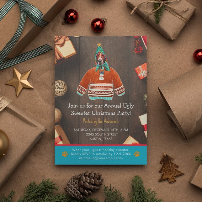 Christmas Holiday Basset Hound Ugly Sweater Party Invitation (Front)