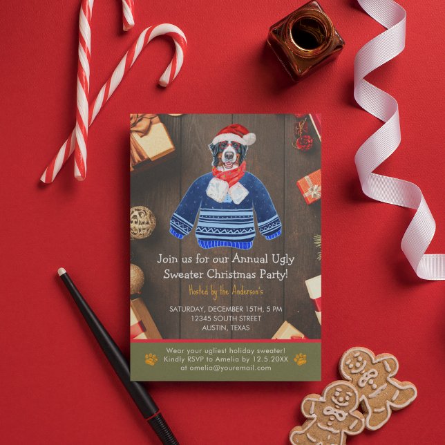 Christmas Holiday Bernese Dog Ugly Sweater Party Invitation (Front)