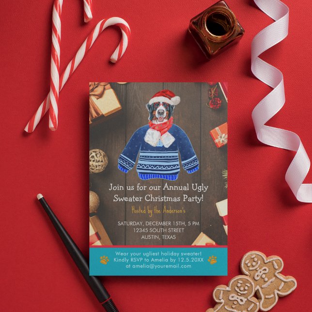 Christmas Holiday Bernese Dog Ugly Sweater Party Invitation (Front)